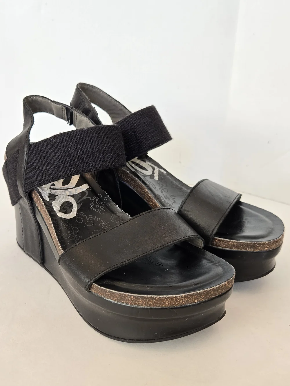 OTBT Black Platform Wedge Sandals with Elastic Ankle Strap